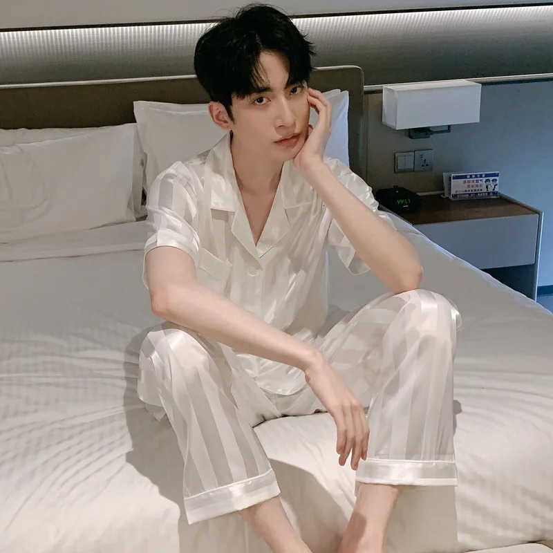 Striped White Men Pajamas Suit Short Slved Long Pants Thin Ice Silk Slpwear Summer Satin Home Clothing Set Pyjamas Male 260327 S26092443FC