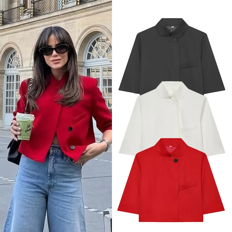 Womens Cropped Short Blazer 2026 Spring Summer High-Neck Short Sleeve Button Simple Solid Women Coat Female Chic Tops 260728BJ