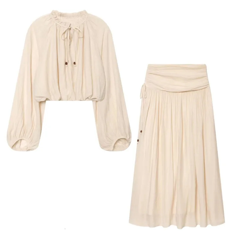 HipSeam Womens Pleated Skirts Sets 2026 Spring Summer 2 Piece Simple Lace Long Sleeve Top Midi Waist Skirts Female Outfit 260728BJ