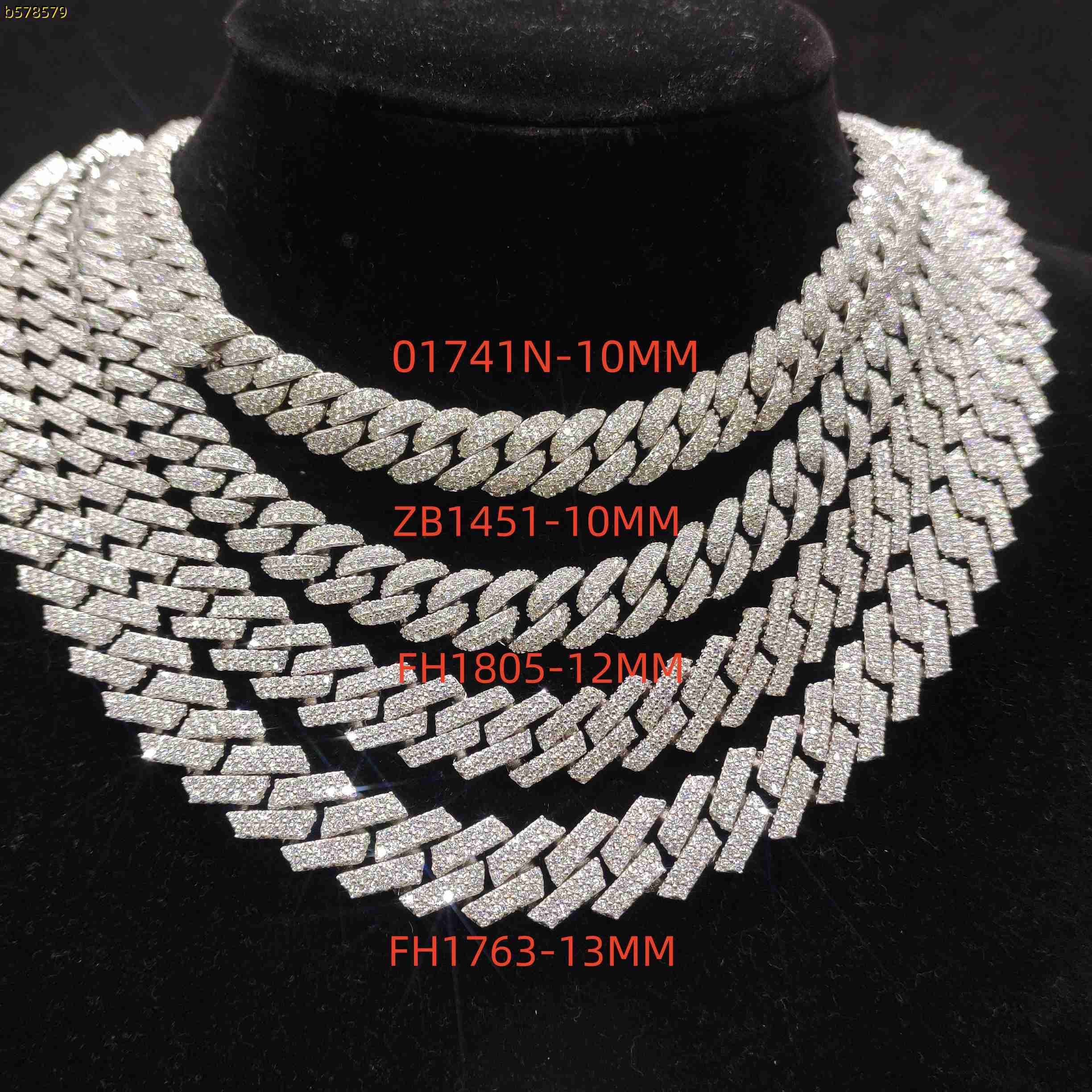 Vente chaude 10/12/13mm 2 rangées Hip Hop prêt à expédier la mode 925 argent Sterling glacé Moissanite chaîne à maillons cubains pour hommes femm