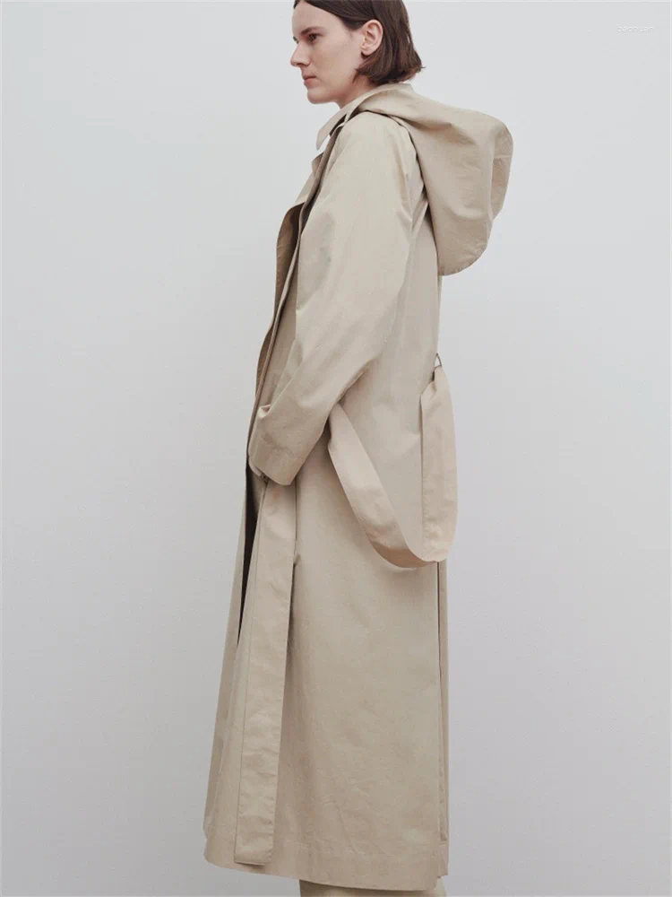 Women's Trench Coats Minimalist Style Women Detachable Hooded Coat Loose Fit Ladies Long Windbreaker Jacket With Sashes 32