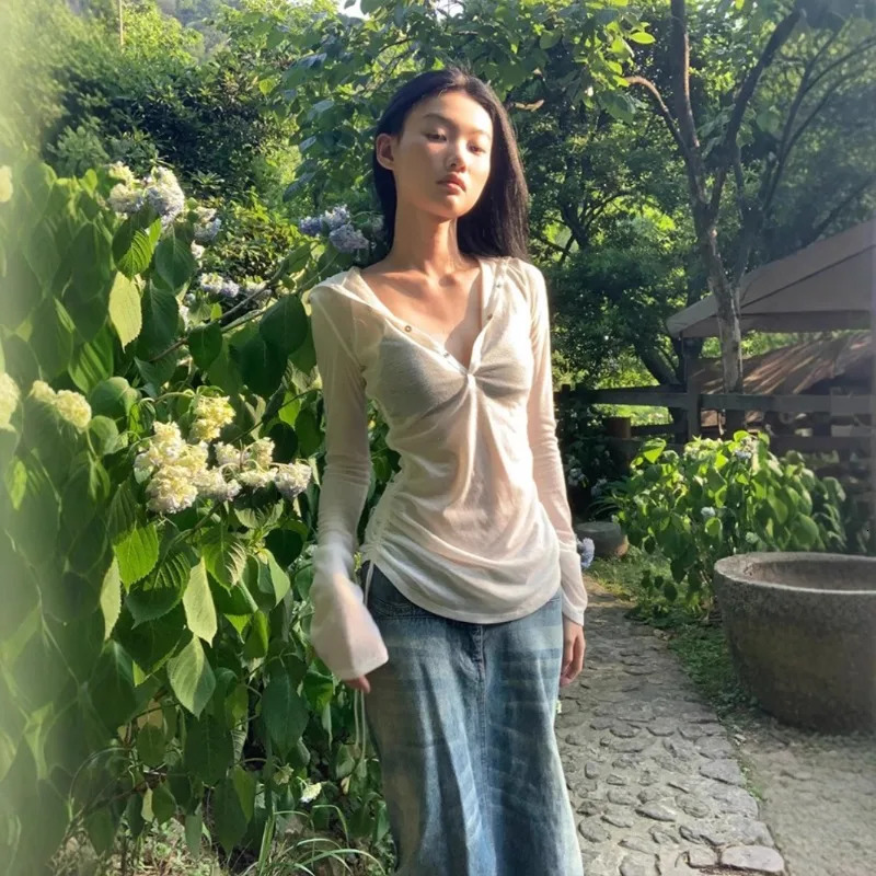 Sexy See Through Hooded Tops Women Casual Long Sleeve Thin Long Sleeve T-Shirt Female Streetwear Y2K Sun Protection White Tees 260728