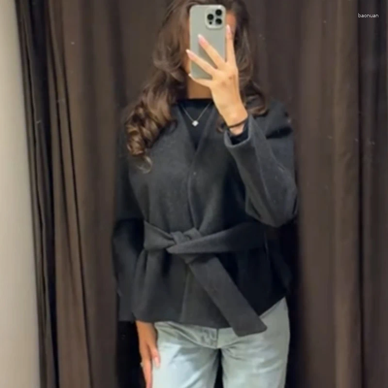 Women's Wool Jacket Black Crop Soft Tweed Coat With Belt For Women Long Sleeve Jackets 2026 Spring In Coats Outerwears ec