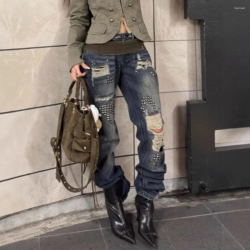 Jeans da donna ONE TO WAN Donna Vintage Strappato Y2k Streetwear Retro Rivetto Foro Design Denim Pantaloni High Street Grunge Pantaloni Pantalones 0