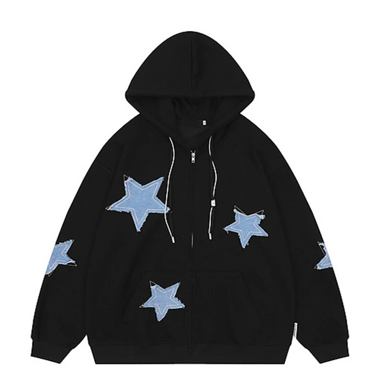 BIG PROMOTION Y2K European and American Autumn and Winter Mens Vintage Star Patch Hooded Sweater Loose Casual Cardigan Coat 260727BJ