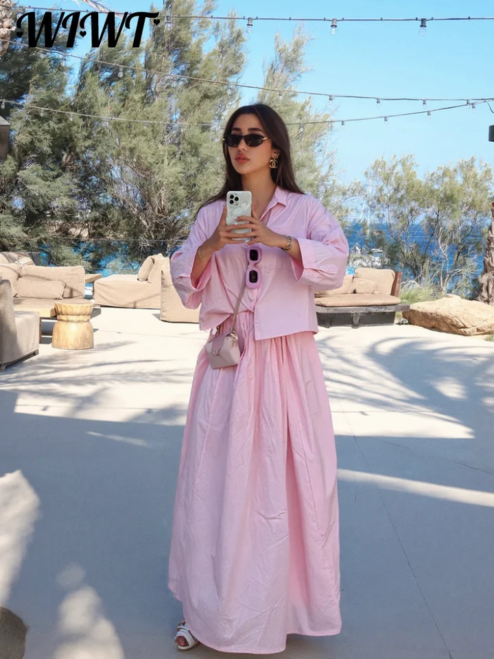 Solid Lapel Single-breasted Shirt Skirts Suit Womens Pink Turn-down Collar Full Sleeve Blouses Loose Long Skirt 2026 Autumn Set 260730BJ