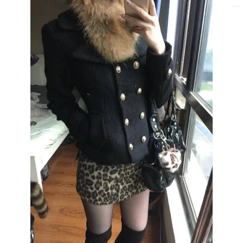 Women's Wool Gothic Harajuku Women Hooded Oversized Faux Fur Coat Korean Vintage Fashion Black Warm Daily Stylish Outerwear Jacket 50