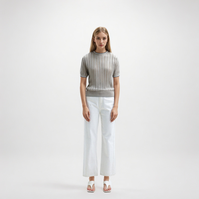 Haut élégant et féminin, printemps/été, pull en tricot à manches courtes et col rond abricot, pull en lin ajouré à paillettes