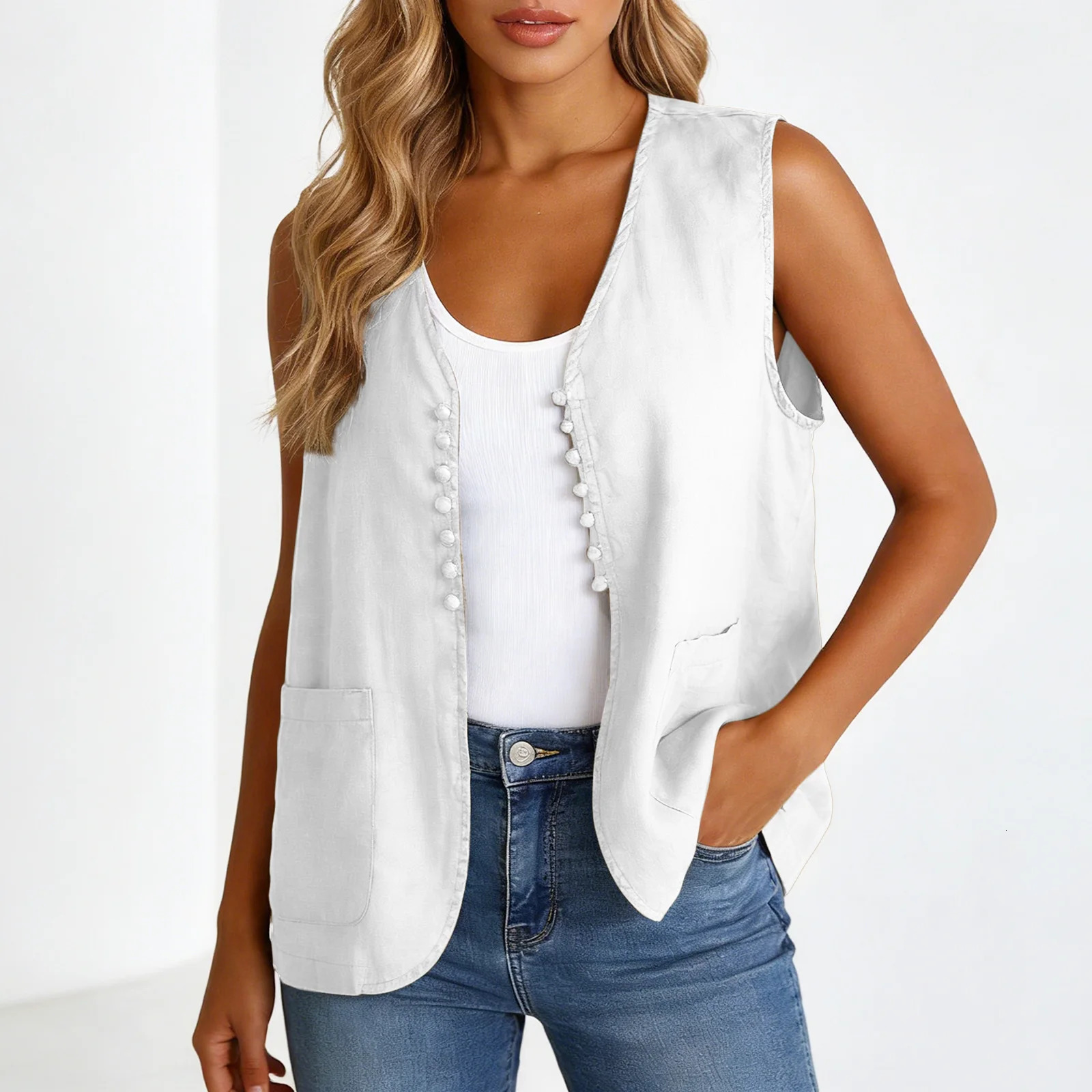 Womens Linen Vest Fashion Single Breasted Sleeveless V Neck Solid Shirts Spring Summer Vest Boho Style Casual Blazer For Women 260728
