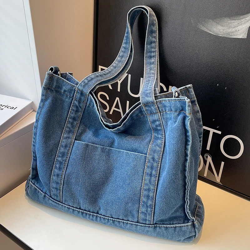 Large Capacity Denim Blue Womens Shoulder Bag Solid Color Female Tote Crossbody Bag Shopping Bags Retro College Girls Handbags 260729