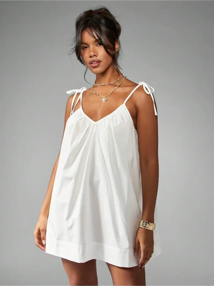 Womens V-Neck Solid Color Casual Dress Comfortable Suspender Strap Short Mini Skirt Elegant Fashionable 260728