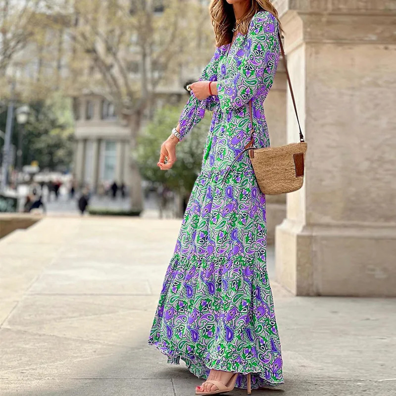 Womens Summer Fashionable Printed Sexy V-neck Long Sleeve High Waist Elastic Waist Medium Length Bohemian Dresses 260728