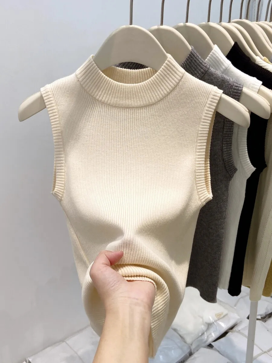 AOSSVIAO Mock Neck Knit Vest 2026 Summer Womens Tank Top Fashion Versatile Sleeveless Basic Solid Slim Camis Y2k Sexy 260731BJ