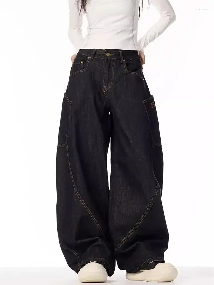 Jeans da donna HOUZHOU Vintage Grunge Y2k Pantaloni da donna High Street neri larghi in denim Pantaloni larghi punk casual dritti oversize 7f