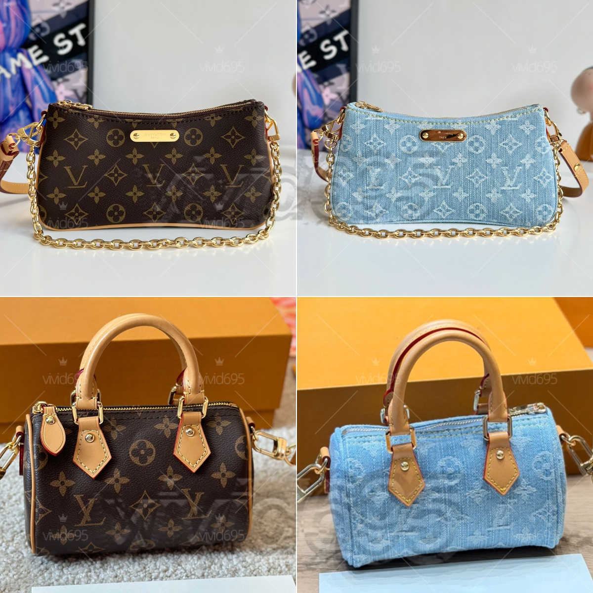 Luxury Liv Pochette hobo Light blue denim lvsilys Vintage jean Women Shoulder bag Embossed Old Flowers nano pink Leather Chain bag underarm purse em