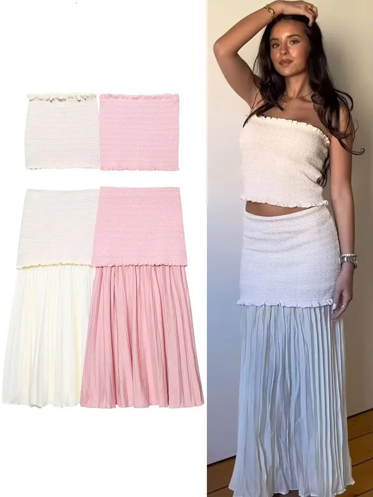 HH Women Elegant Solid Knitted Skirts Suit Sleeveless Backless Short Vest Tops Ruffles Splicing Skirt High Street Lady Sets 260729