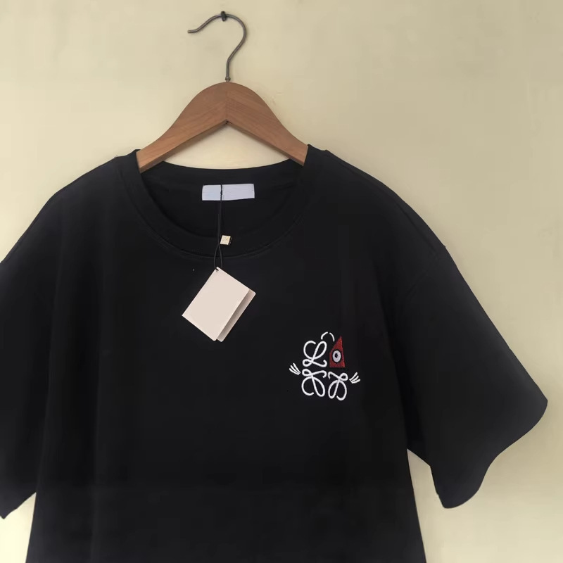 Spring Summer Daily Casual Tee Loose Oversized Version Plain Black Base Delicate Hand Feel Embroidery Motif With Eye Element Smooth Cotton Fabric