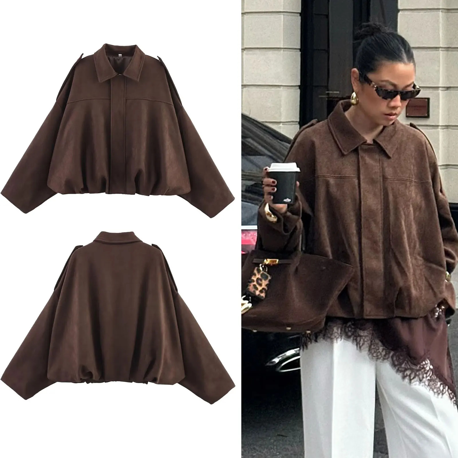 HH Womens Street Fashion Solid Loose Suede Texture Coats Causal Long Bat Sleeves Lapel Zipper Fly Winter Vintage Jackets 260729BJ