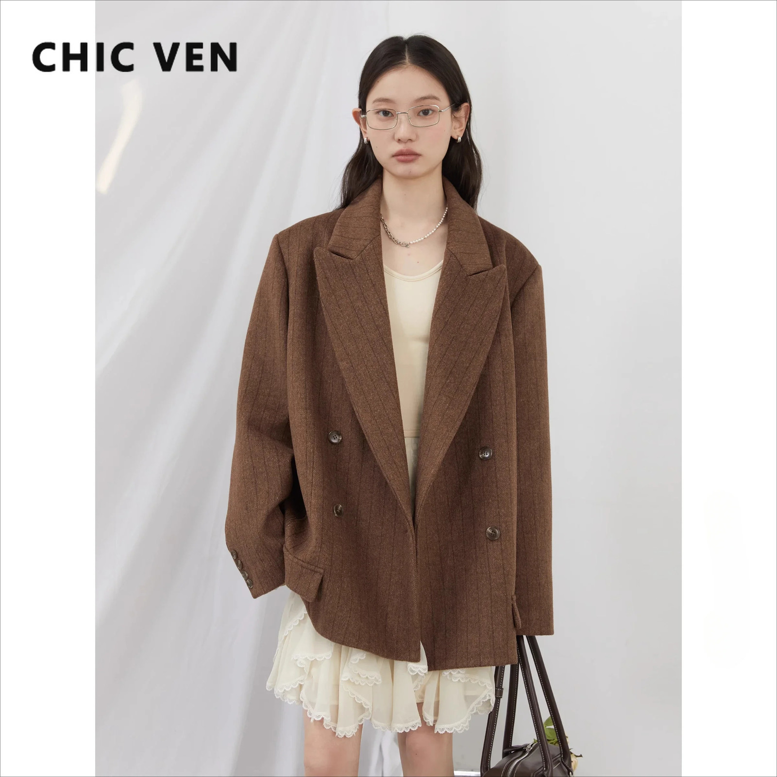 CHIC VEN Women Woolen Blazer Loose Vintage V Neck Female Jacket Suit Double Breasted Office Ladies Coat Spring Autumn 260728BJ