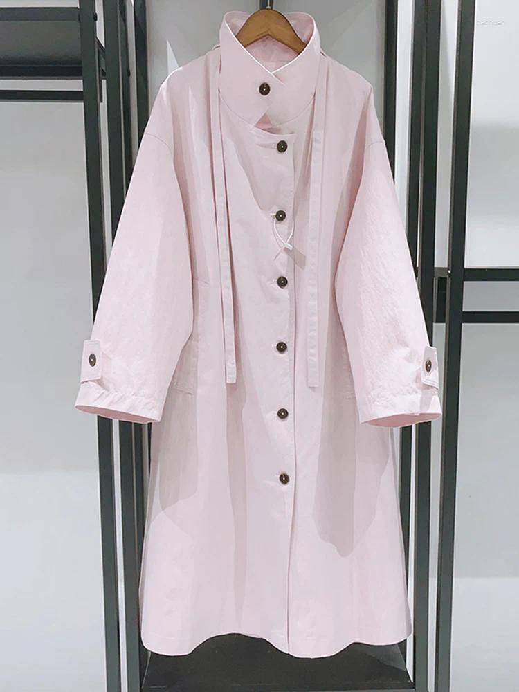 Women's Trench Coats Spring And Autumn Stand Collar Long Coat Loose Solid Color Outerwear 8e