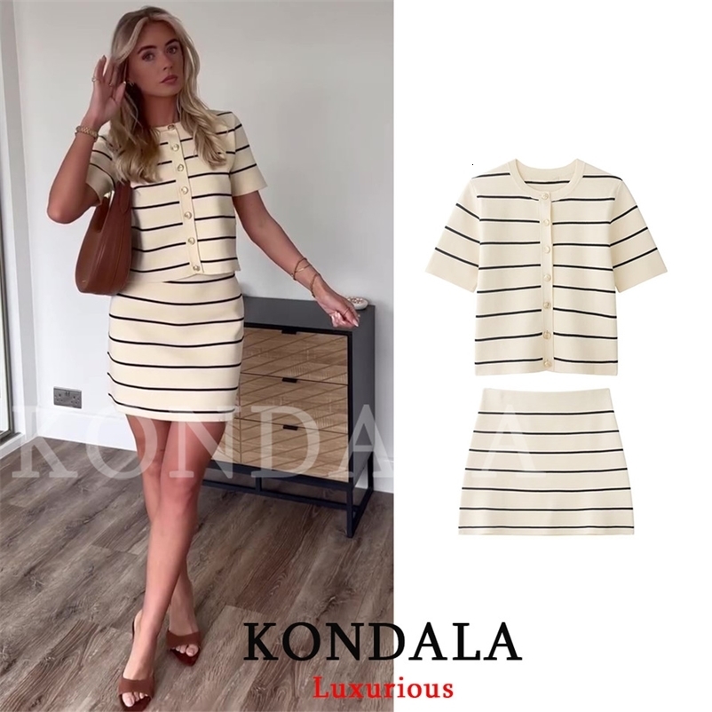 KONDALA Casual Chic Women Striped Suit O-Neck Short Sleeve Single Breasted Tops Short Skirt Fashion 2026 Spring Summer Sets 260729BJ