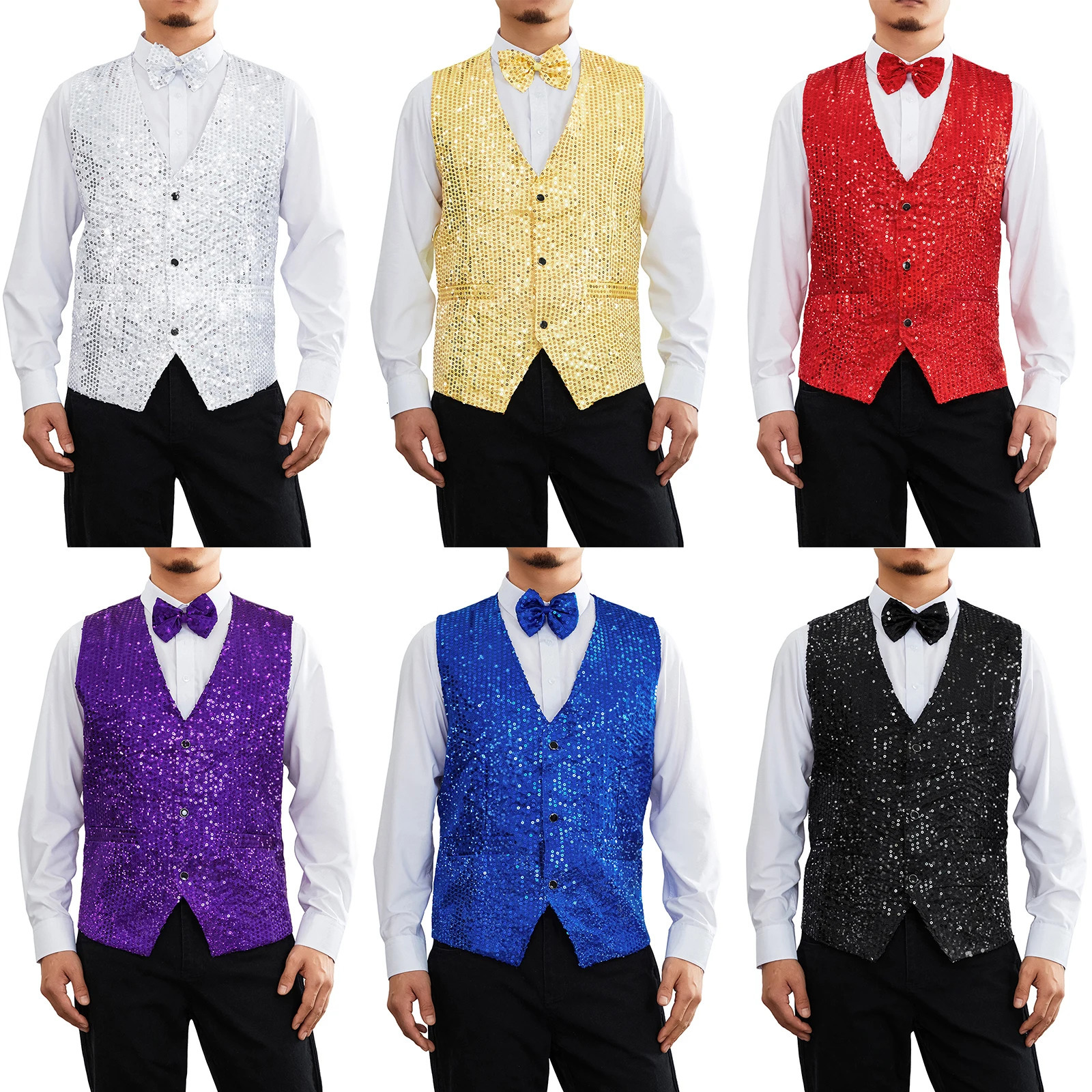 Men Stylish Suit Blazer Deep V neck Solid Color Sequins Slim Vest Button Waistcoat for Business Wedding 260729