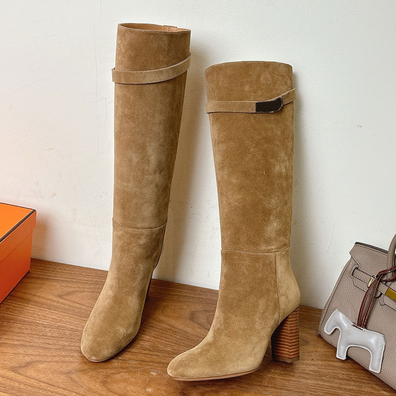 Designer Story 50 Boot Womens Vintage Iconic Buckle Suede Calfskin Thigh High Boots Ladie Winter Chic Casual Style Knee Boots Leather Outsole Height