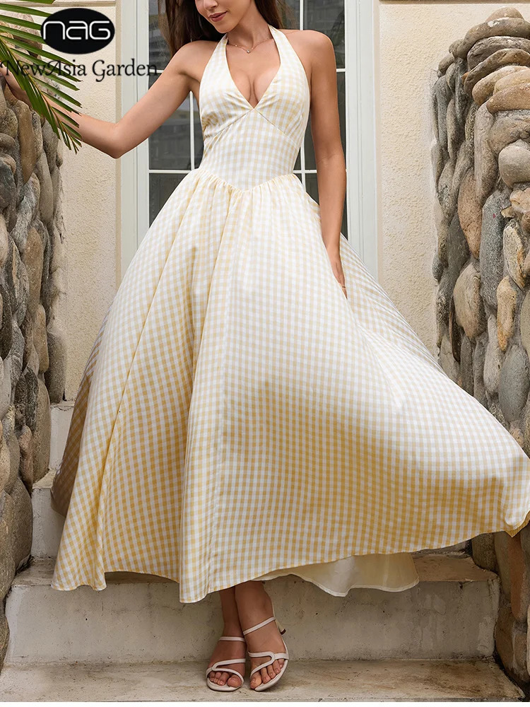Asia Womens Sexy Plaid Halter Neck Midi Dress V-Neck Off-Shoulder Backless Tie-up Ruched A-Line Elegant Long Dresses Summer 260728
