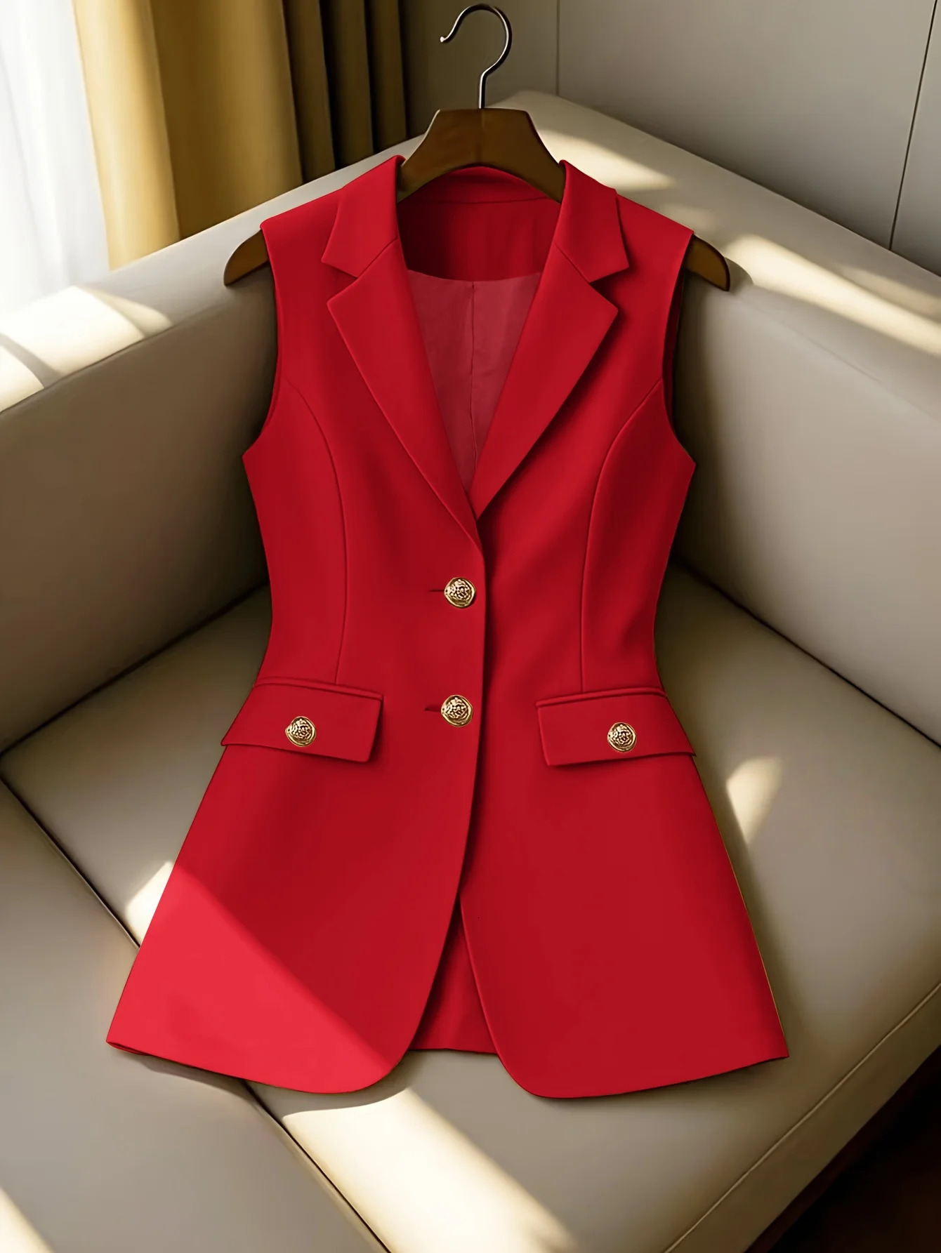 Womens Longline Blazer Vest Sleeveless Notched Lapel Suit Waistcoat with Gold Buttons for Business Office Outerwear Top 260728