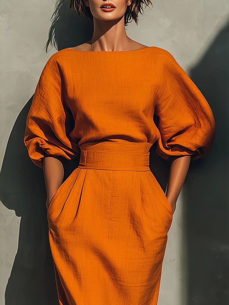 Elegant Fashion Solid Party A-lien Dress Casual O-neck Lantern Sleeve Pocket Dress Temperament High Waist Pleated Wrap Hip Dress 260730BJ