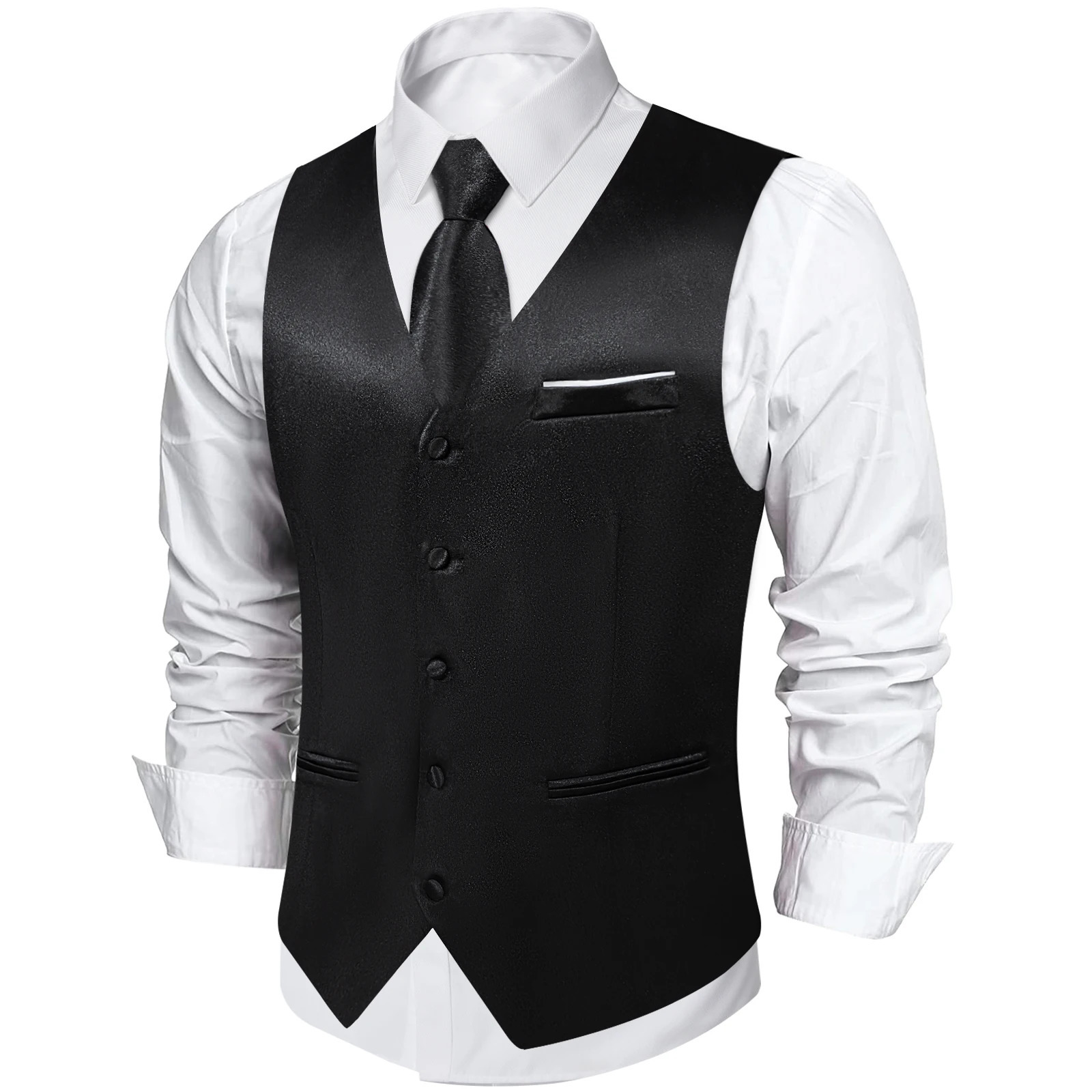 Black Satin Vest with y Necktie Pocket Square Cufflinks for Man Wedding Fashion Classic Mens Business Tuxedo Waistcoats 260729