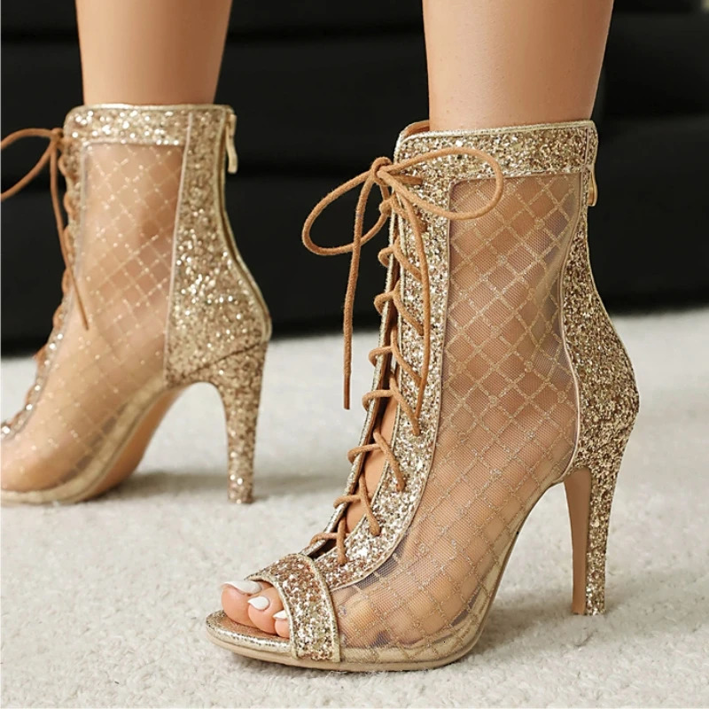 y Ankle Boots for Women Summer Shoes Sequined Silver Gold Jazz Boot High Heels Footwear Party Dance Shoe Lady Large Size 48 2415
