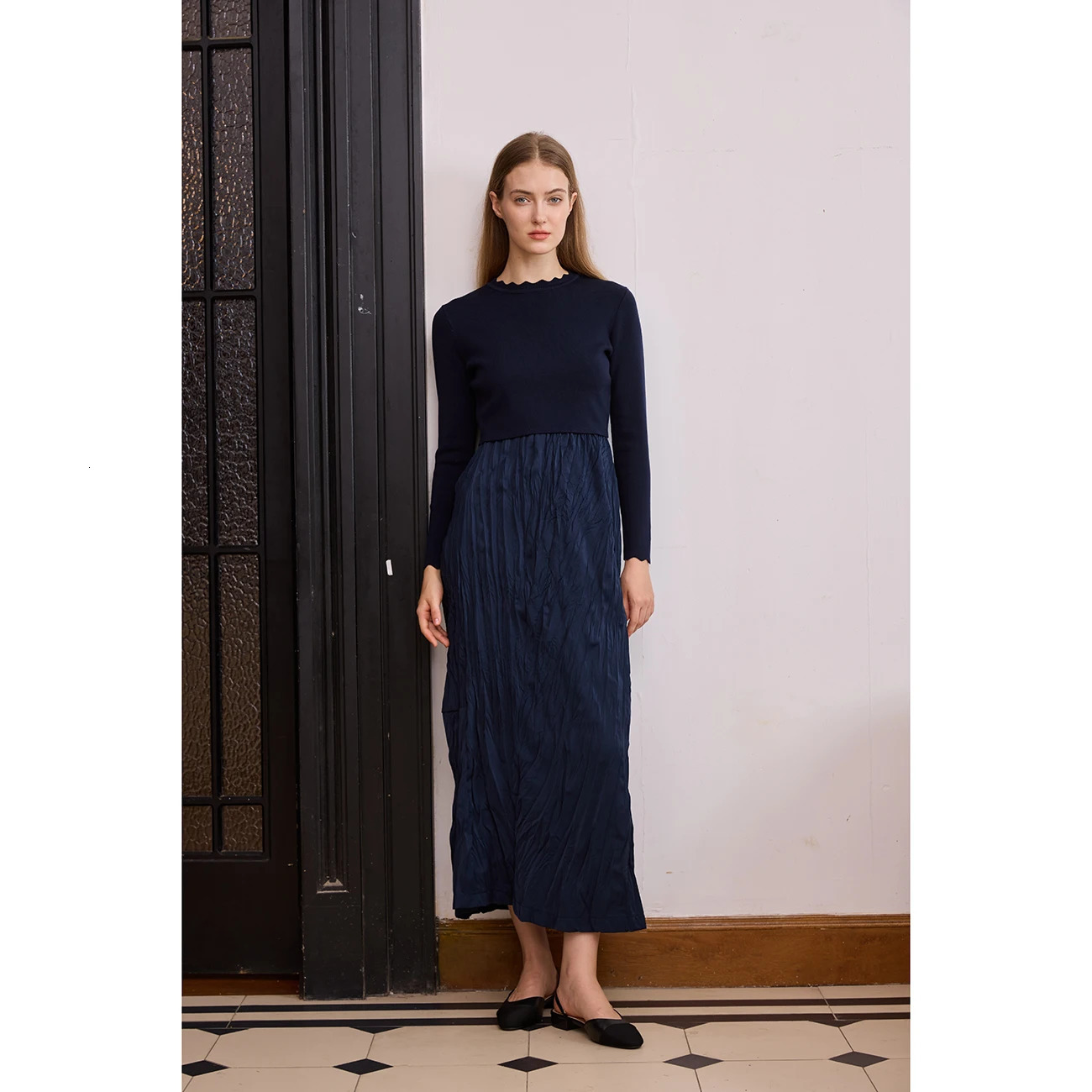 AP 2026 Women Autumn and Winter Crinkle Dress Knitting Patchwork Elegant Lady Maxi Dress 260728BJ