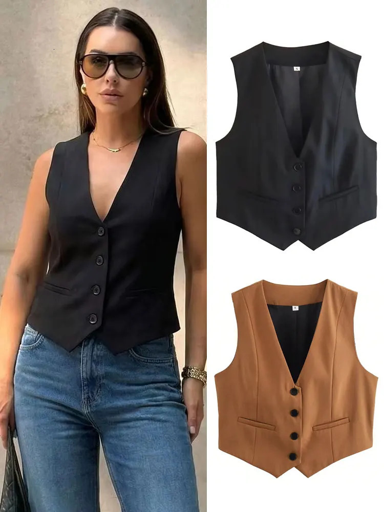 HH Elegant Womens Minimalist Solid Color Suit Vest Fitted Waist V Neck Office Workwear Business Waistcoat Casual Streetwear Tops 260728
