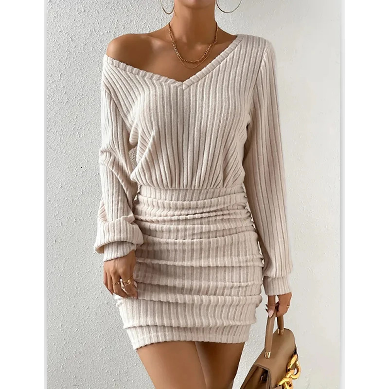 Womens Autumn Winter Knitted Sweater Mini Dress Female Casual Solid Wrap V-neck Long Sleeve Warm Bodycon Short Dresses Robe 260728BJ
