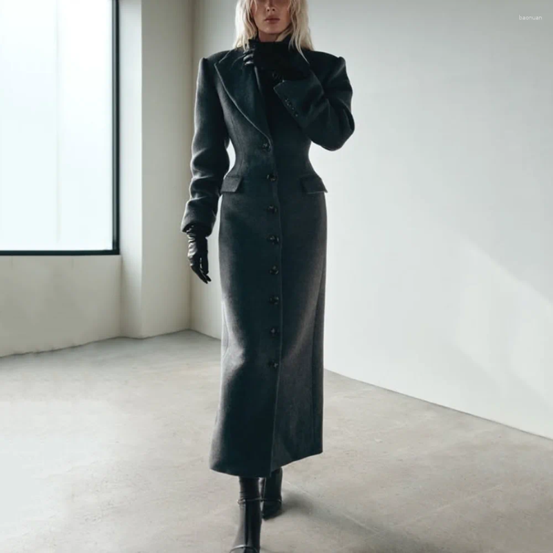 Women's Wool Blend Tweed Coat Y2K Elegant Padded Shoulder Collar High Waisted Long Jacket 2026 Fall/Winter Arrival ab