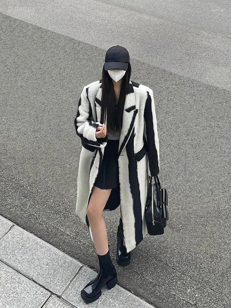Women's Wool American Vintage Blends Notched Collar Long Sleeve Striped Contrast Color Coats Autumn Winter Casual Loose Y2k Clothing f7