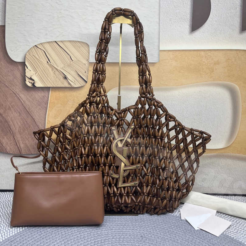 2026 Latest synchronized wooden bead top quality shopping bag large capacity handbag mother and child bag womens designer bag wooden material beach