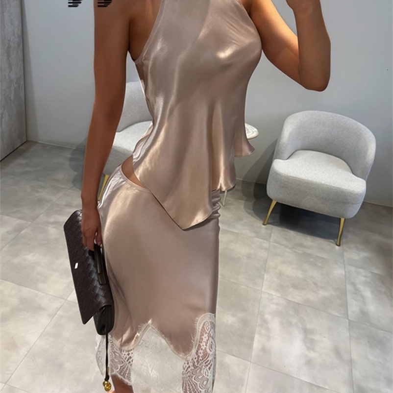 Lace Patchwork Women Suits 2 Piece Set Halter TopSkirt Girl Sexy Clubwears Fashion Bodycon Tracksuits Summer Slim Fits 260729BJ
