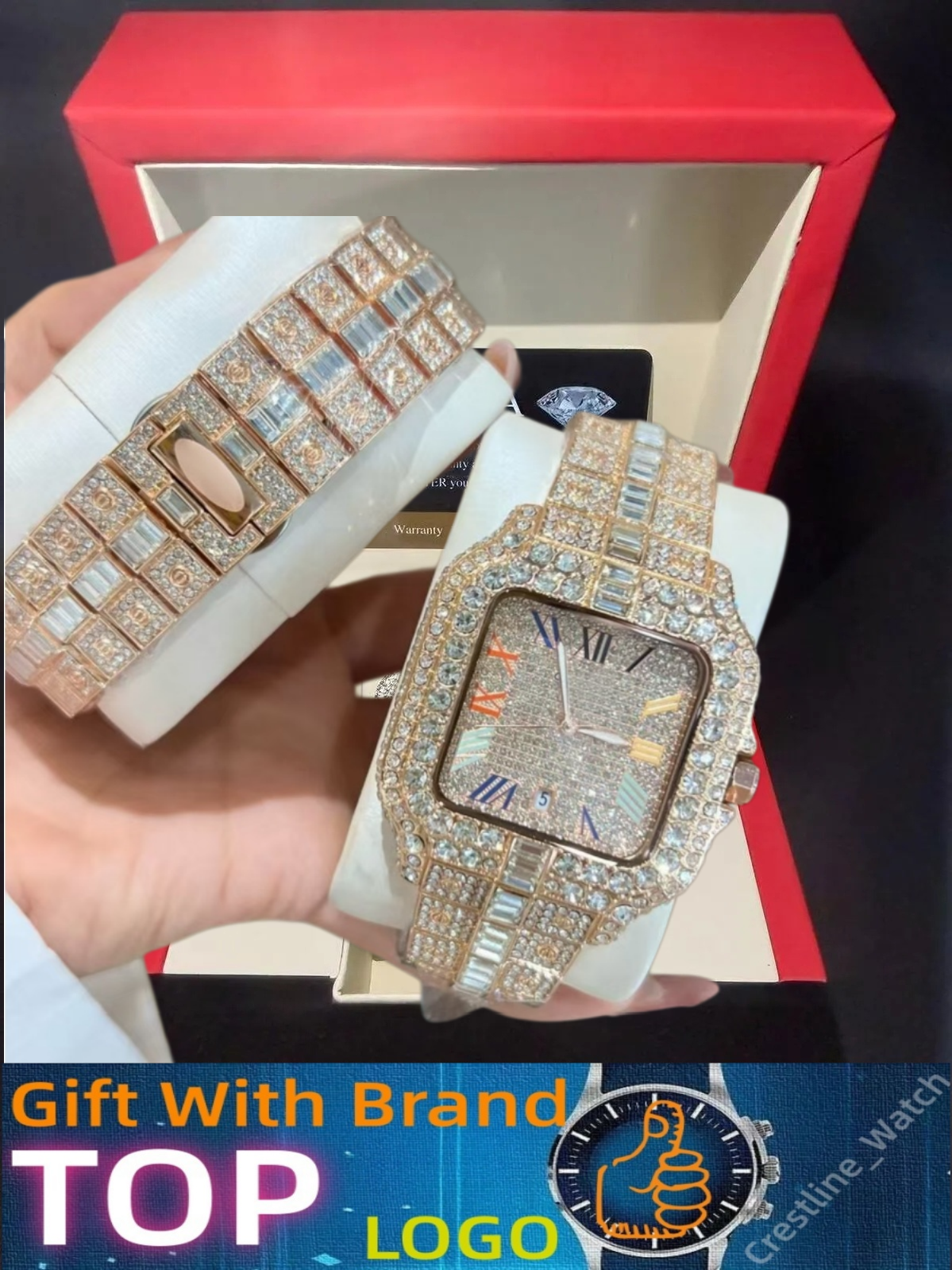 Men's Moissanite 89 Encrusted Roman Numerals Automatic Mechanical Wristwatch Handcrafted Madam Trendy Hip Hop Europe And 45 America Style