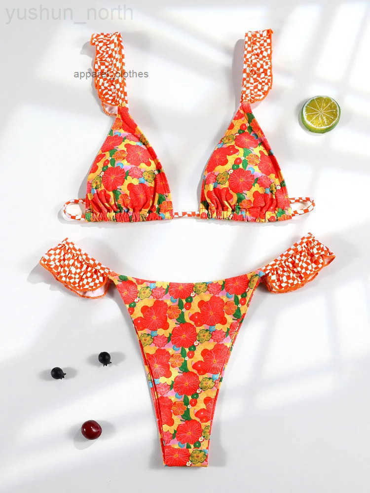 New Ruffle Bikinis Set for Women Sexy Womens Swimsuit 2026 Beach Wear Orange Thong Swimwear mini Swimming Bathing Suit H260413