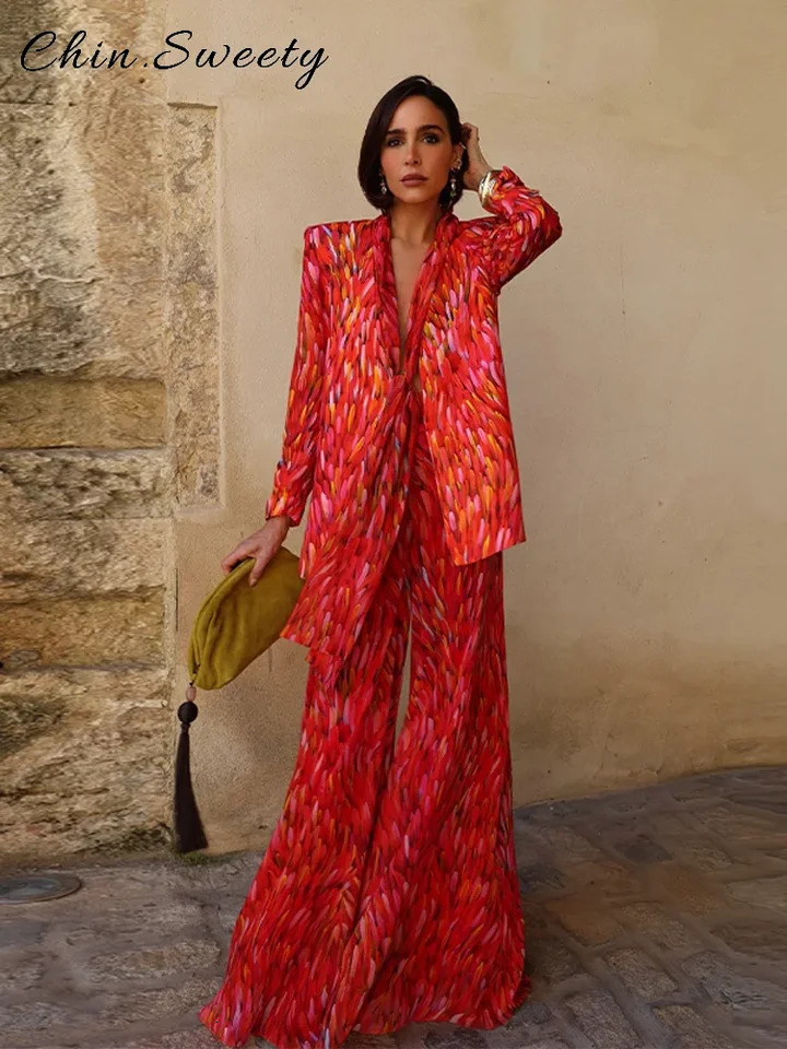 Street Womens Printed Lace Up Jackets Pants Sets Shoulder Pad Full Sleeve Coats Wide Leg Pants 2026 Summer Lady Fashion Outfits 260730BJ
