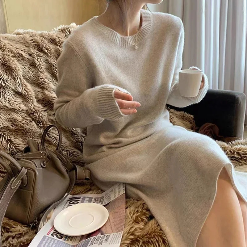 Womens Pure Cashmere Knit Knee-High Dress Simple round Neck Long Sweater Skirt for Autumn Winter Fashion Arrival 260728BJ