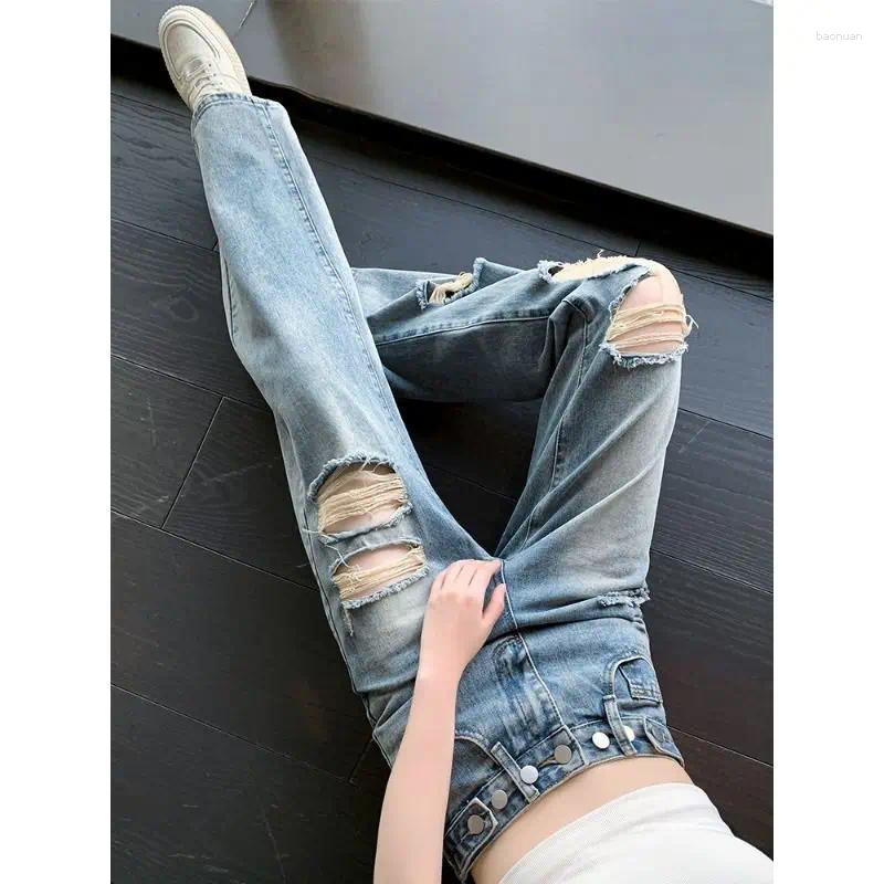 Jeans da donna Vita alta Gamba larga Taglio dritto Vestibilità ampia Design con fori Materiale sottile Comodo effetto dimagrante in denim di cotone