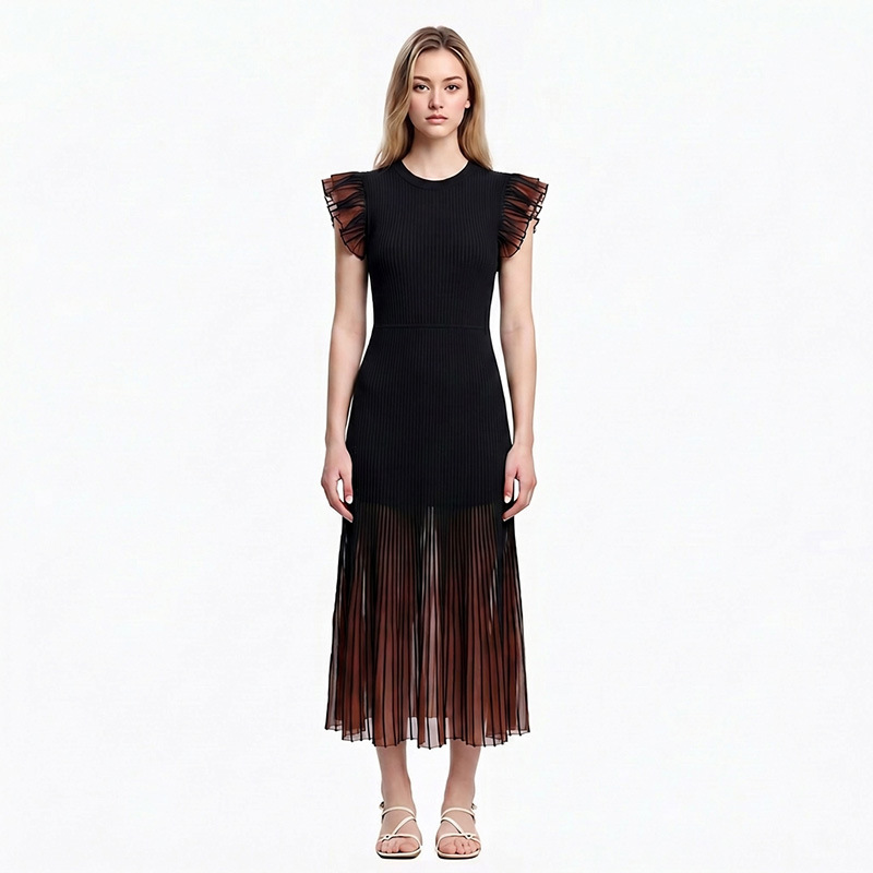 Robe mi-longue en tricot noire, élégante, col rond, sans manches, ligne a, pull, pour fête, printemps/été
