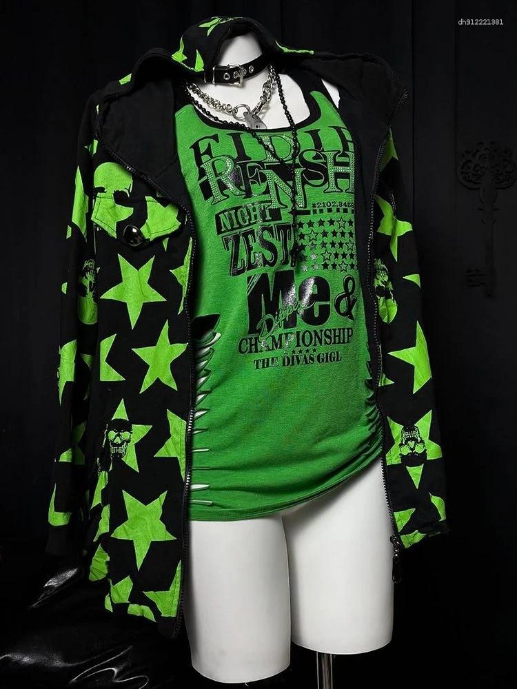 Women's Hoodies American Vintage Print Loose Dark Gothic Hooded Sweatshirts 2000s Harajuku Casual Zip Up Autumn Coats Subculture