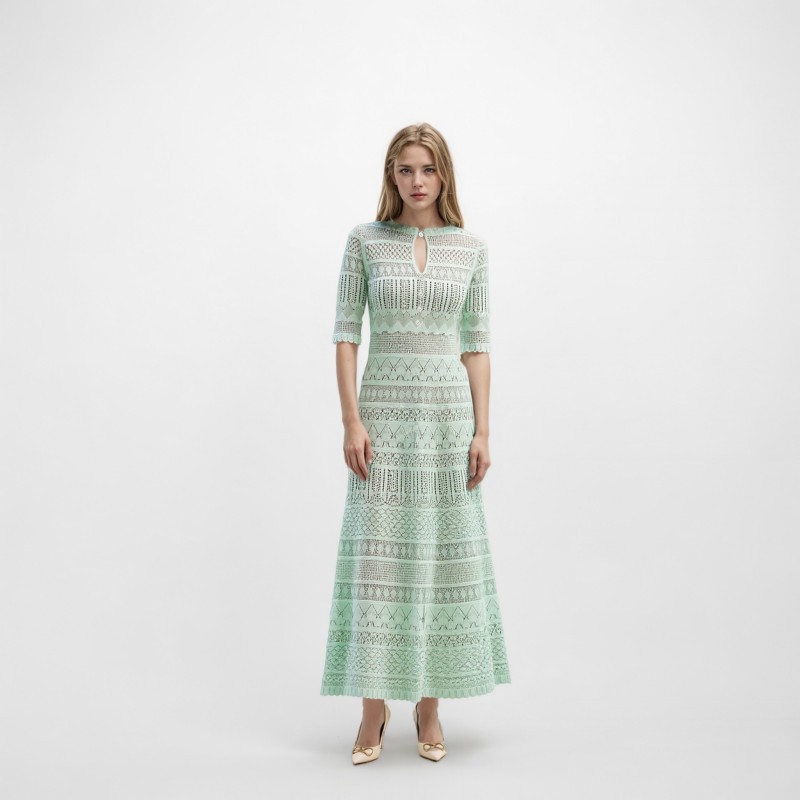 Wholesale high-end spring/summer elegant mid-length knitted dress, light green round neck short-sleeved hollowed-out pullover dress