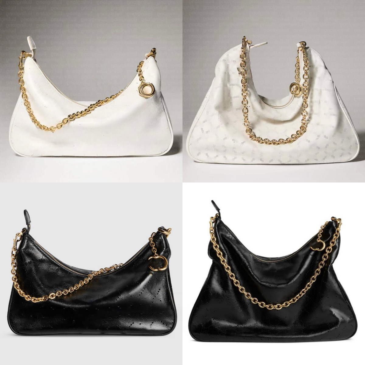 Luxury Perforated Monogram Calfskin Slouchy Hobo Shoulder Bag Light Gold Thick Chain Strap Interlocking Zip Closure Women Large Capacity Casual Comm