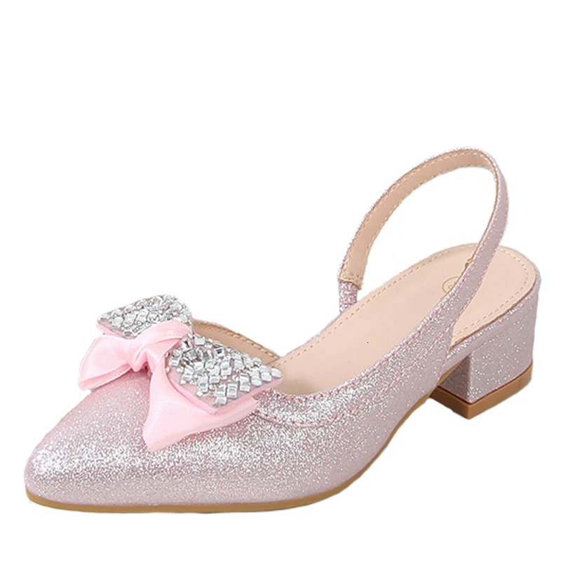 High Heeled Princess Shoes Big Girl Sandals Bow Children Summer Silver Gold Pink for Girls Barefoot 260730BJ