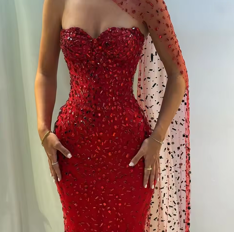 Sweetheart Strapless Sparkling Rhinestone Mermaid Evening Gown Robe De Soiree Detachable Sheer Beaded Cape Formal Dress For Red Carpet Luxury Rec